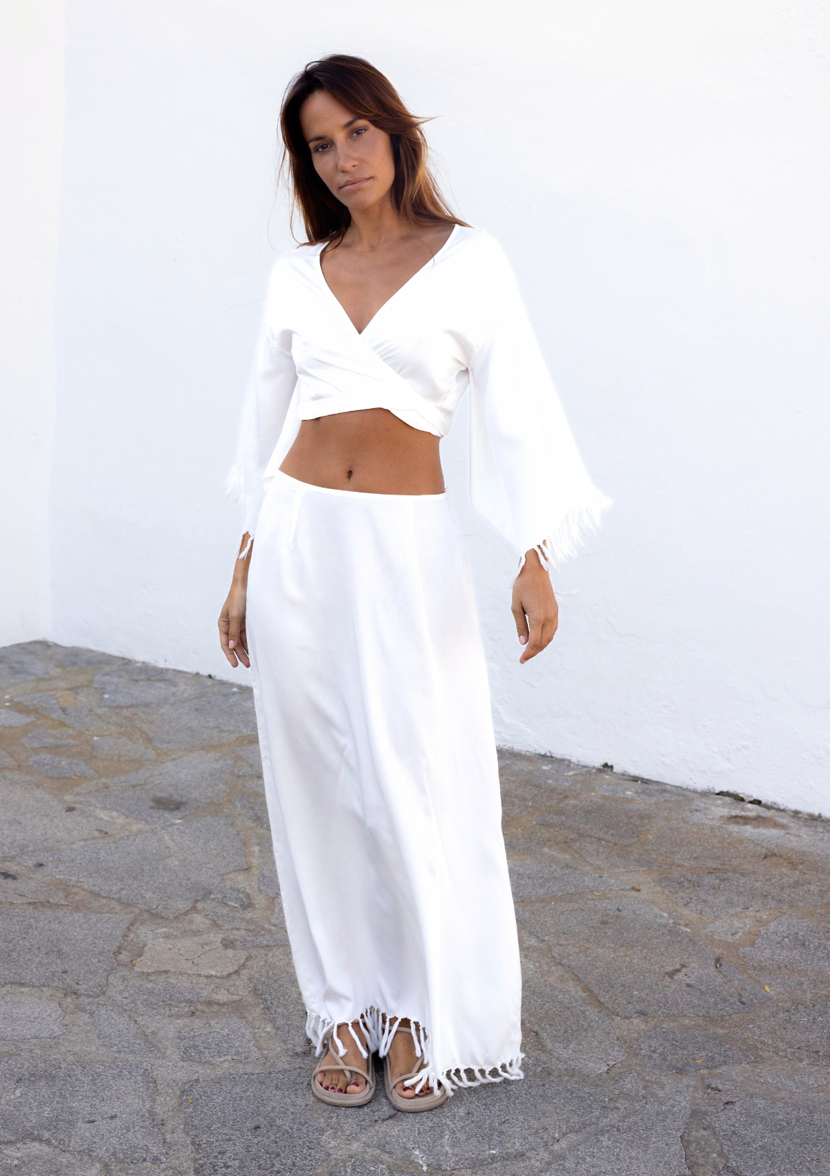 FRINGED WRAP KIMONO TOP - WHITE