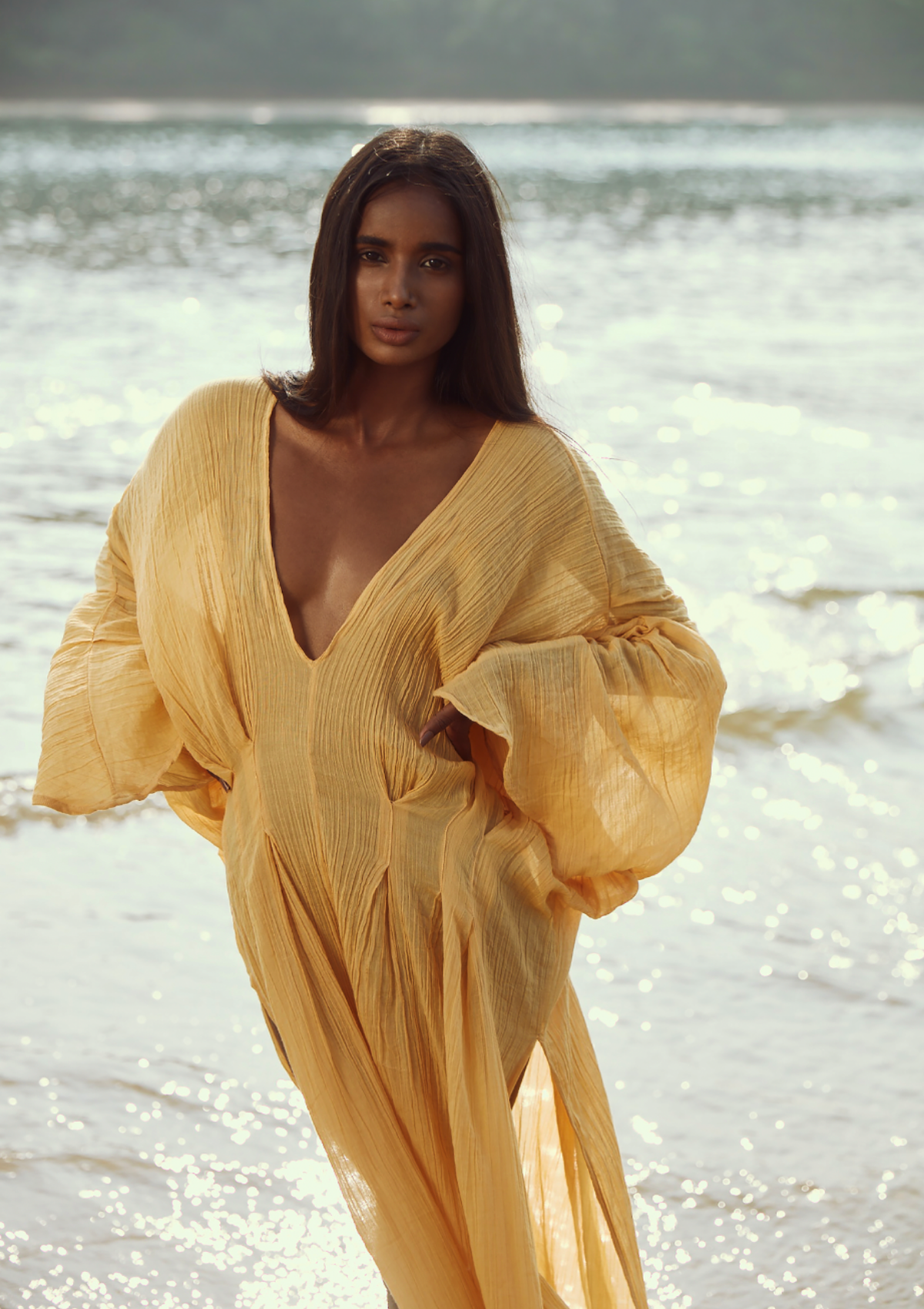 CORA GOLD KAFTAN DRESS - Long Petal Sleeve CORA GOLD KAFTAN DRESS - Long Petal Sleeve