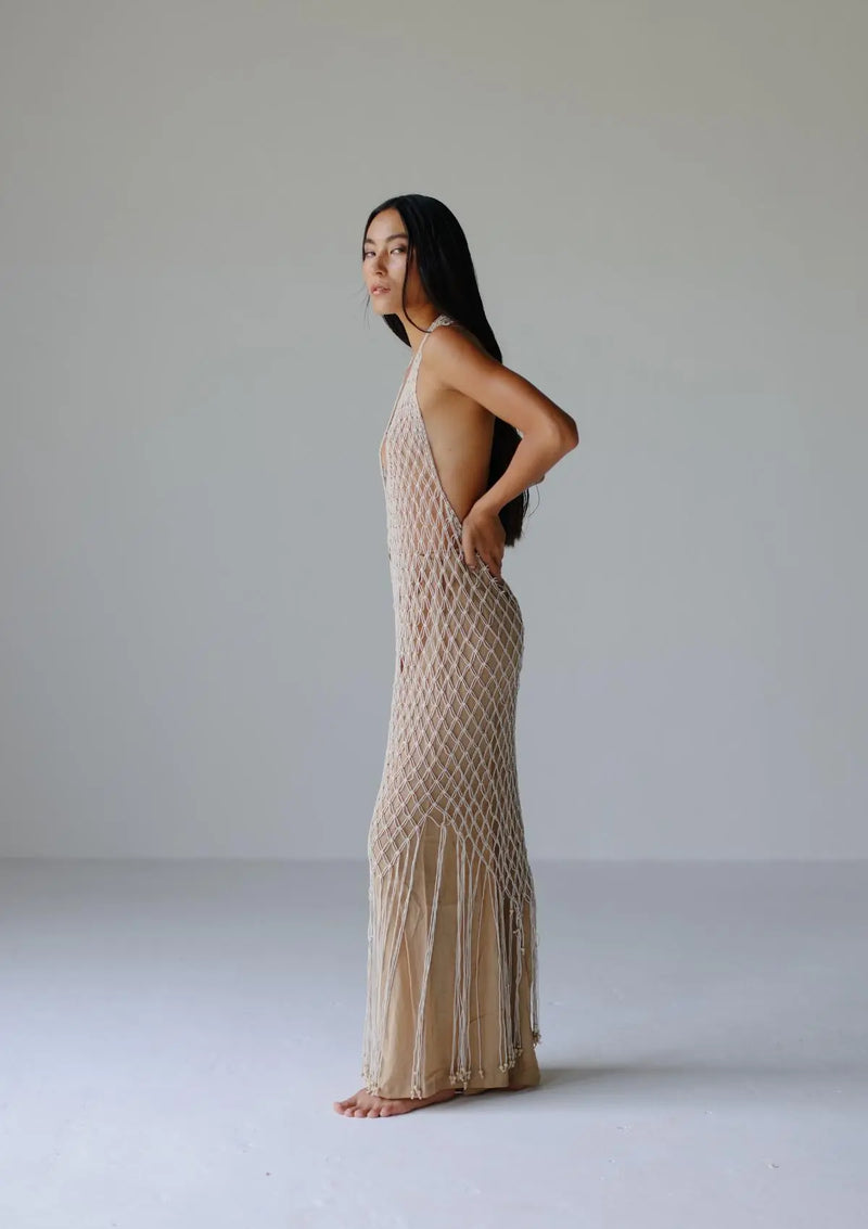 MACRAME HALTER DRESS - NATURAL