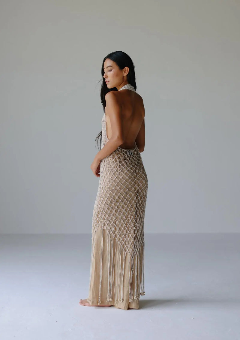 MACRAME HALTER DRESS - NATURAL