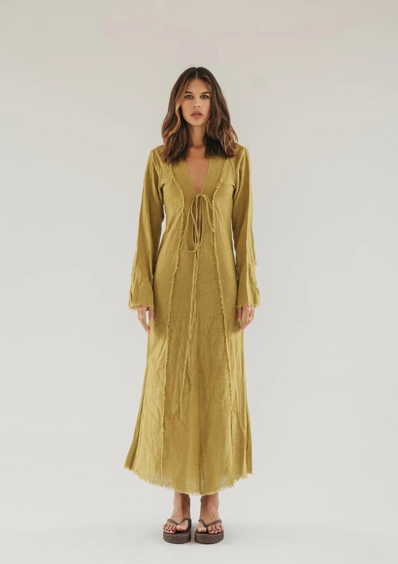 HAVEN RAW EDGE DRESS - OLIVE OIL