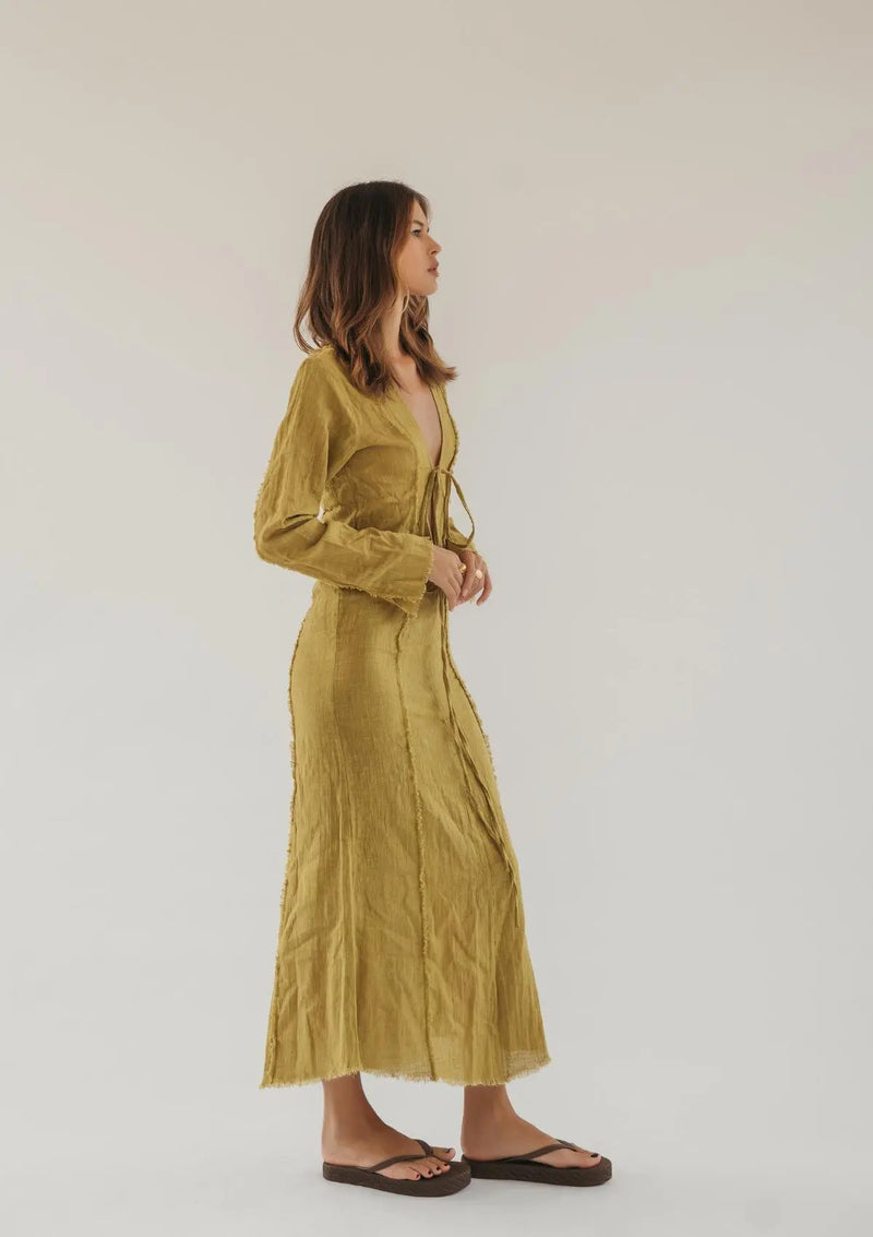 HAVEN RAW EDGE DRESS - OLIVE OIL