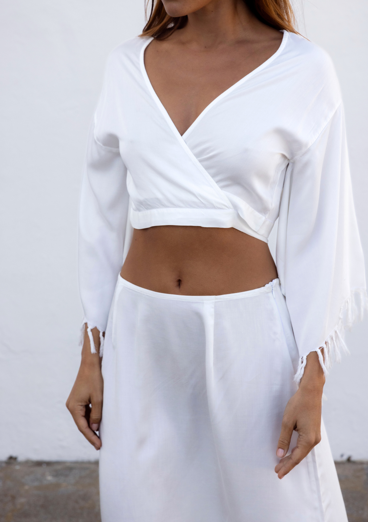 FRINGED WRAP KIMONO TOP - WHITE
