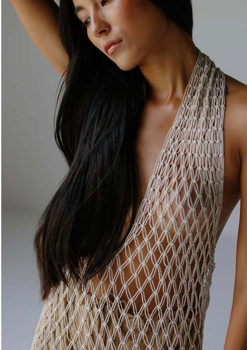 MACRAME HALTER DRESS - NATURAL