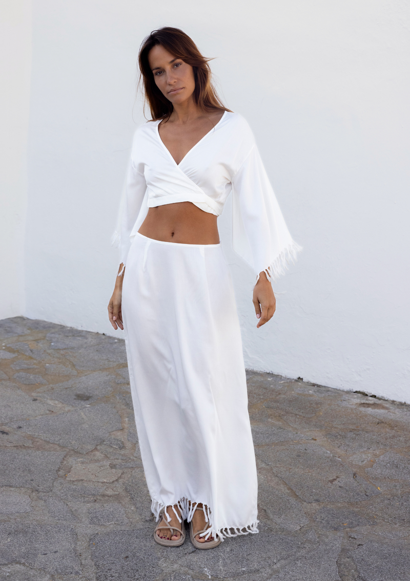 FRINGED WRAP KIMONO TOP - WHITE