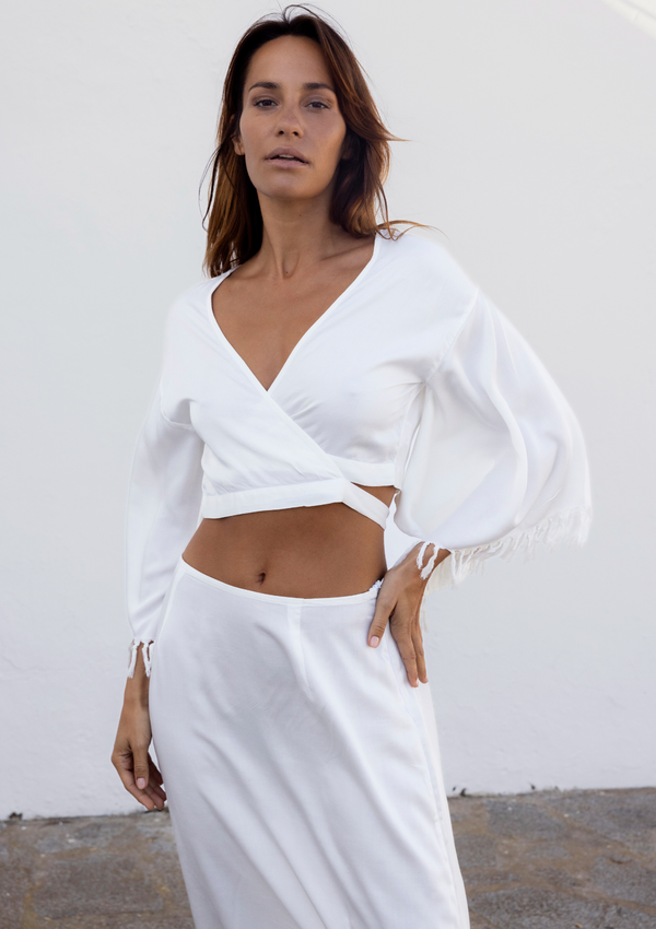 FRINGED WRAP KIMONO TOP - WHITE