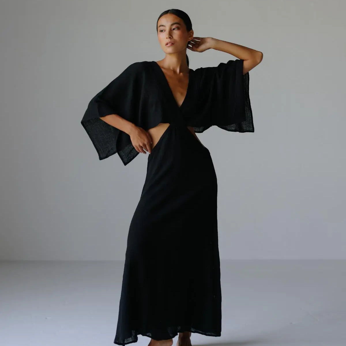 AURORA BLACK MAXI DRESS - Open Waistline Maxi Dress