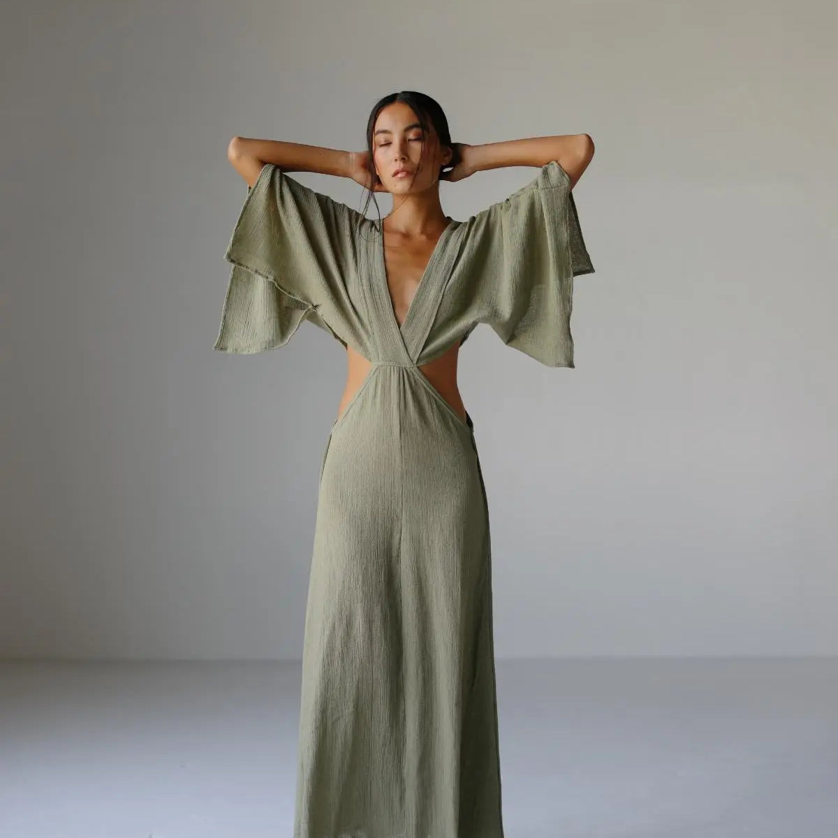 AURORA OLIVE SUMMER DRESS - Open Waistline Maxi Dress AURORA OLIVE SUMMER DRESS - Open Waistline Maxi Dress