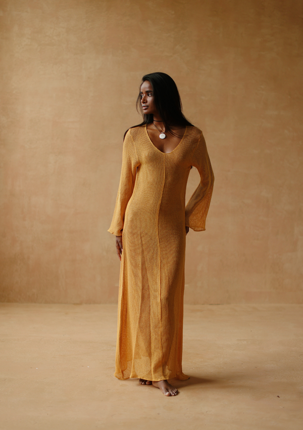 maxi mesh dress with full sleeves In golden apricot