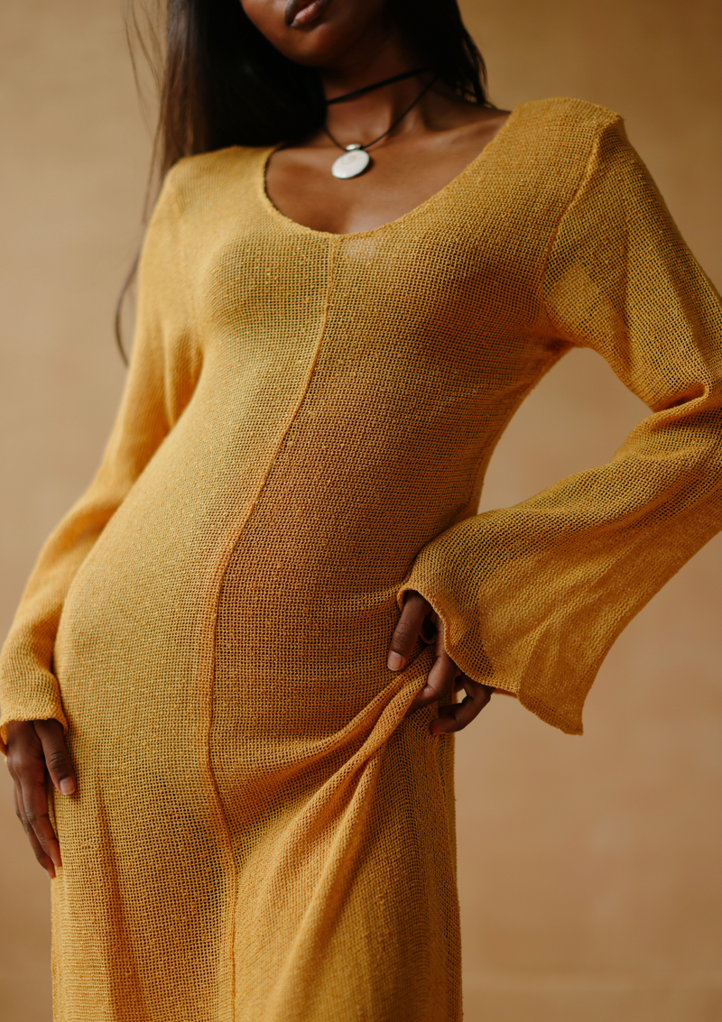 maxi mesh dress with full sleeves In golden apricot
