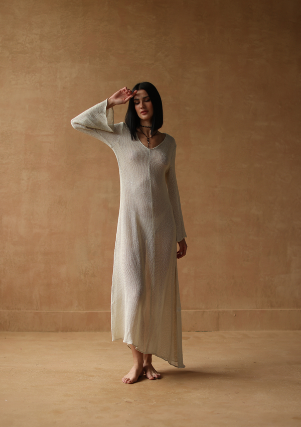 maxi mesh dress with full sleeves In natural