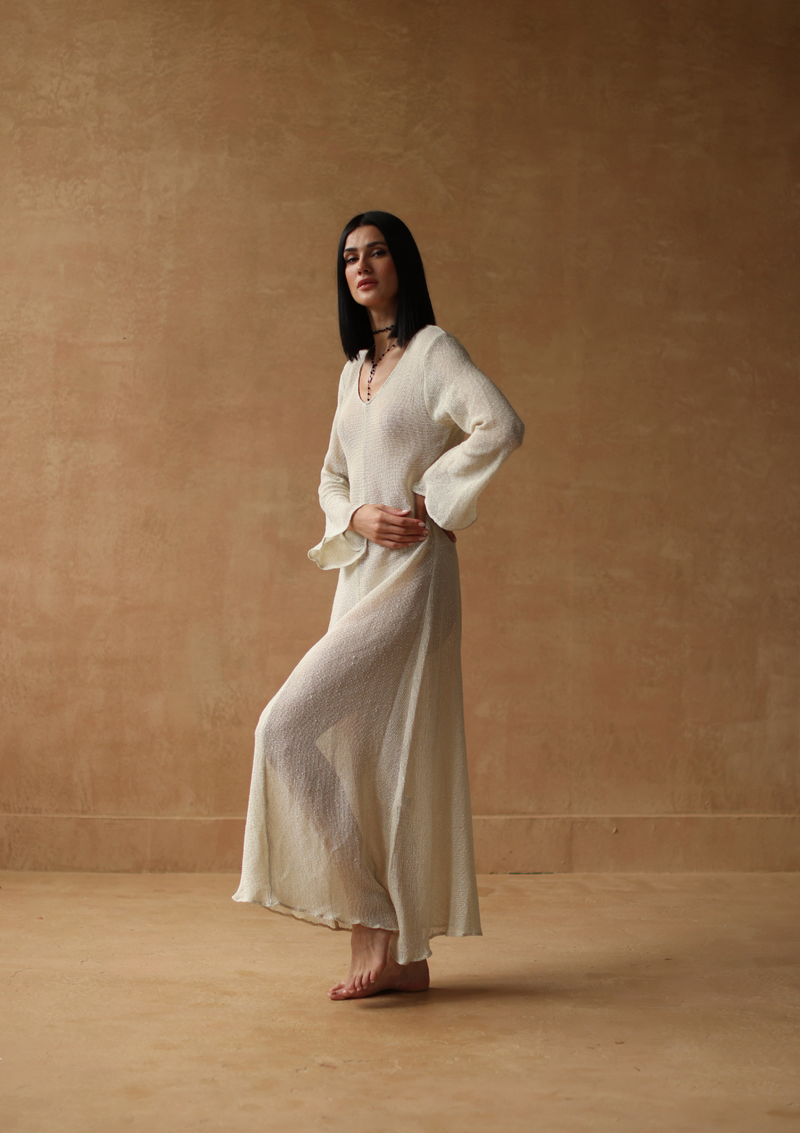 maxi mesh dress with full sleeves In natural