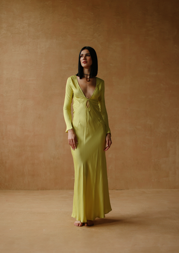 maxi dress with full sleeves and front tie-up In acacia