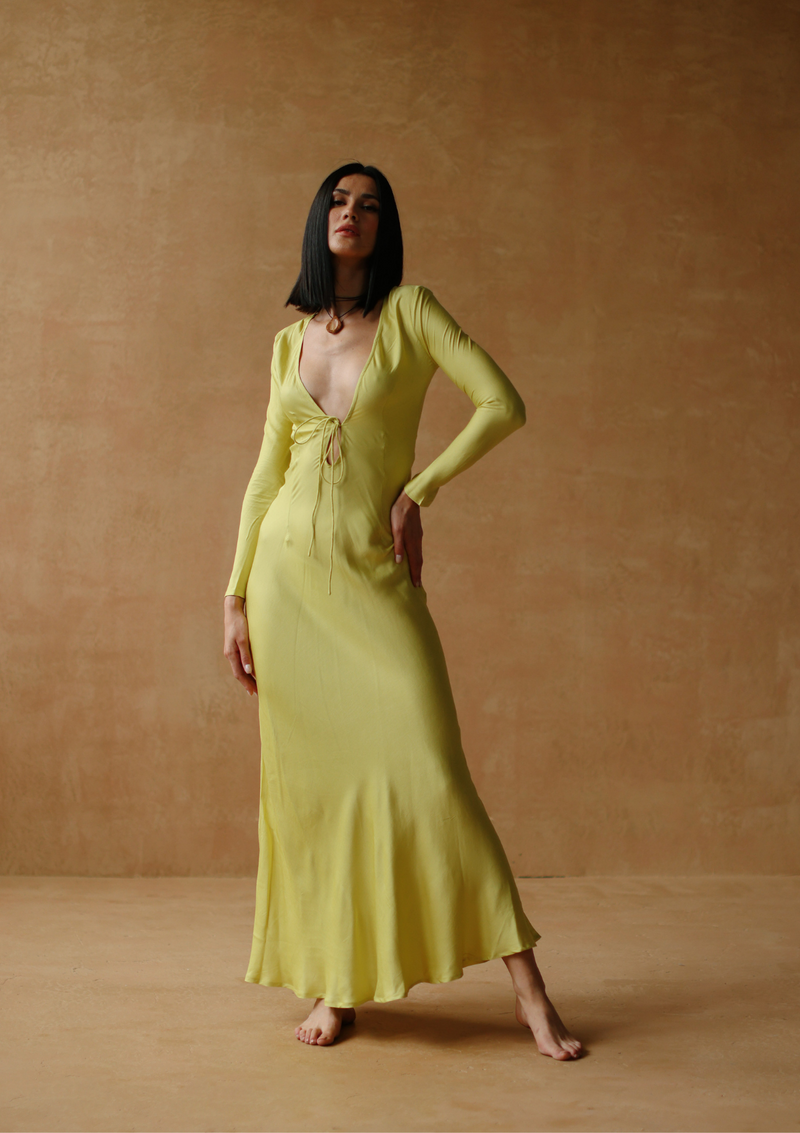 maxi dress with full sleeves and front tie-up In acacia