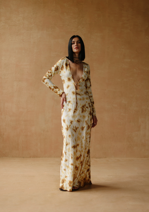 maxi dress with full sleeves and front tie-up In desert dusk