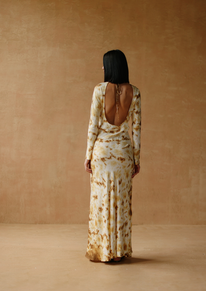 maxi dress with full sleeves and front tie-up In desert dusk