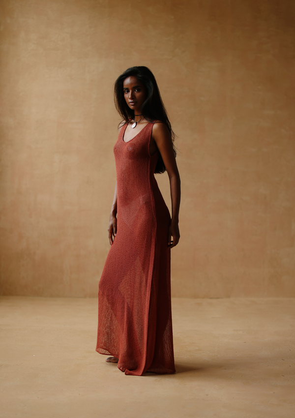 mesh maxi dress in baked clay