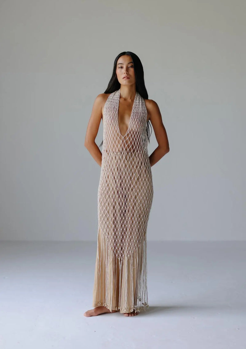 MACRAME HALTER DRESS - NATURAL