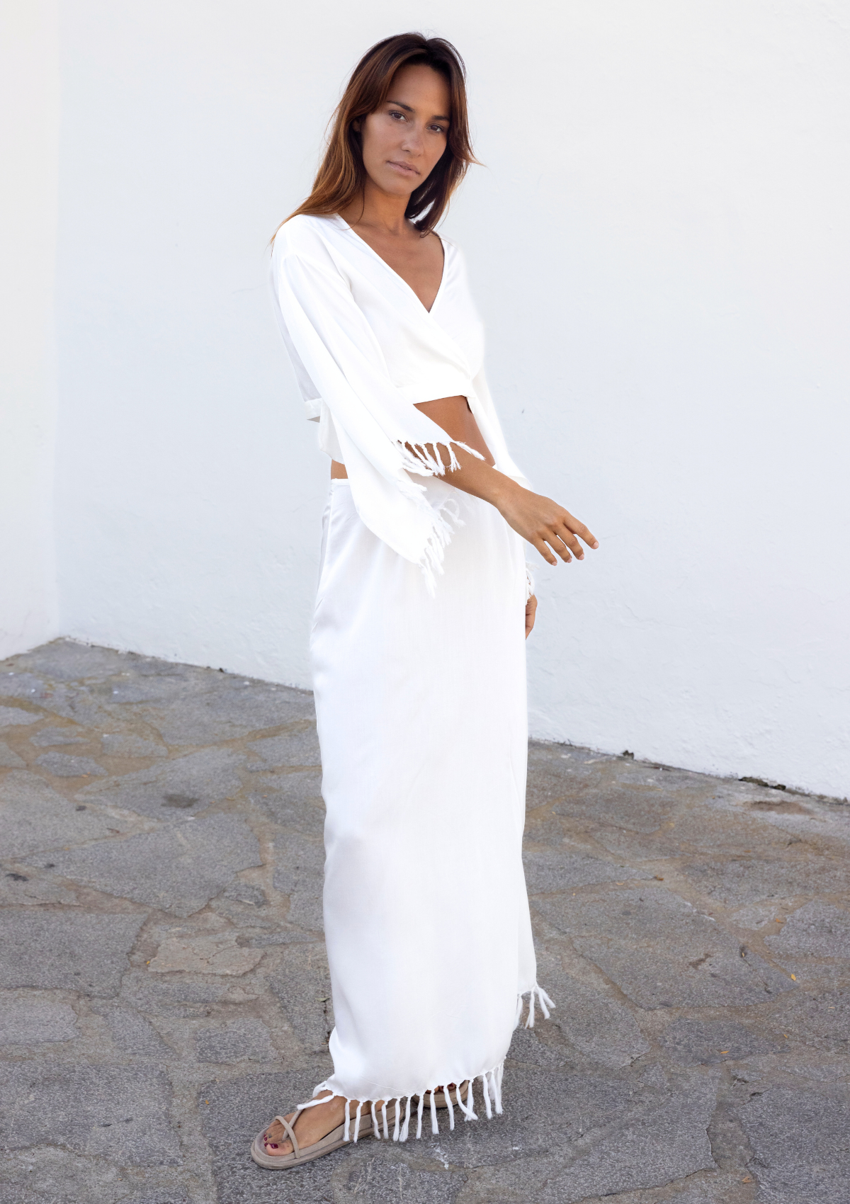 FRINGED WRAP KIMONO TOP - WHITE
