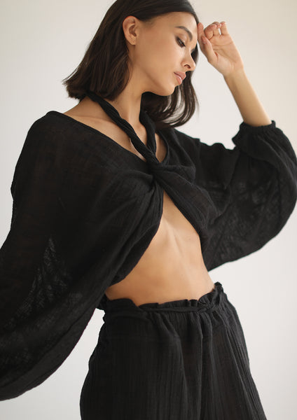 TAI BLACK V-NECK TIE-FRONT TOP – Studio Tia